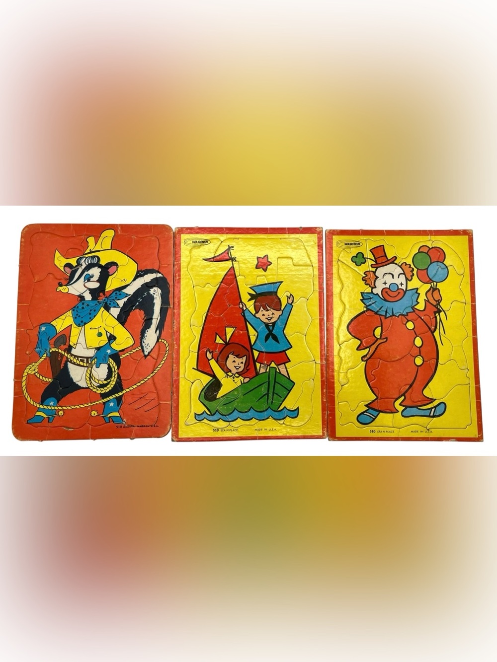 Built Rite & Warren Vintage Tray Frame Puzzles Circus Clown Skunk Sailboat